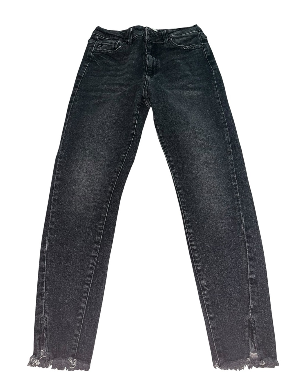 KanCan Women’s 7/27 Black High Rise Straight Leg Jeans Raw Hem Distressed